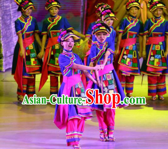 Phoenix Flying Qiang Dance Traditional Chinese Qiang Nationality Dance Blue Dress and Headwear for Women