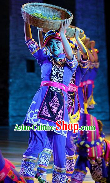 Phoenix Flying Qiang Dance Traditional Chinese Qiang Ethnic Minority Dance Blue Costume and Headwear for Women