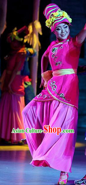 Phoenix Flying Qiang Dance Traditional Chinese Qiang Ethnic Minority Dance Rosy Costume and Headwear for Women