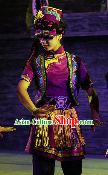 Phoenix Flying Qiang Dance Traditional Chinese Qiang Ethnic Minority Dance Purple Costume and Headwear for Women