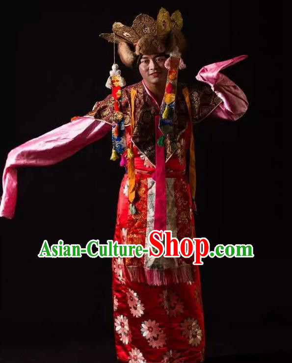 Lang SaWenBo Traditional Chinese Tibetan Nationality Stage Performance Red Costumes and Headwear for Men