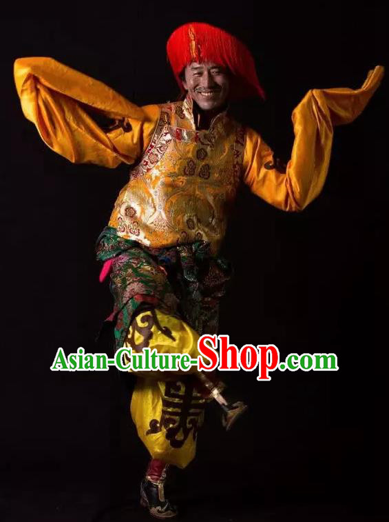 Lang SaWenBo Traditional Chinese Tibetan Nationality Stage Performance Golden Costumes and Headwear for Men
