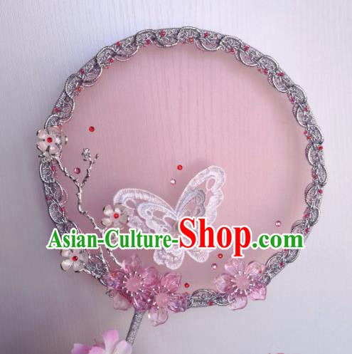 Traditional Chinese Classical Pink Silk Palace Fans Hanfu Bride Round Fan for Women