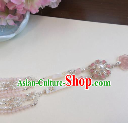 Traditional Chinese Classical Rose Quartz Brooch Pendant Hanfu Palace Tassel Breastpin Accessories for Women