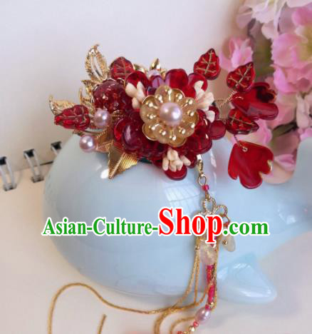Traditional Chinese Classical Red Flower Hairpins Ancient Hanfu Hair Accessories for Women