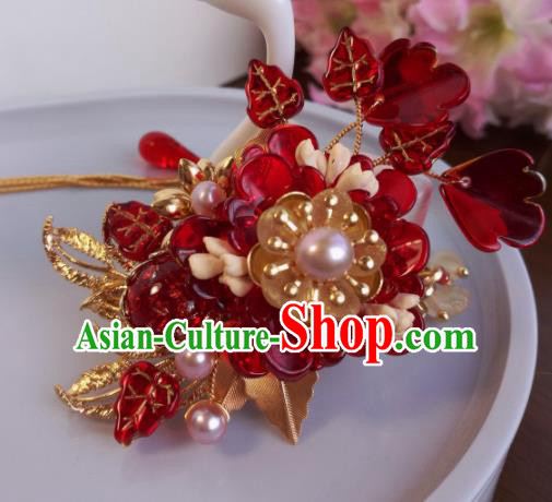 Traditional Chinese Classical Red Flower Hairpins Ancient Hanfu Hair Accessories for Women