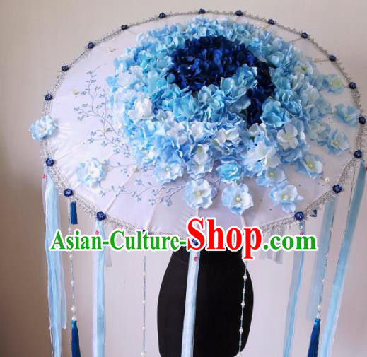 Traditional Chinese Classical Blue Flowers Umbrella Ancient Hanfu Tassel Umbrellas for Women