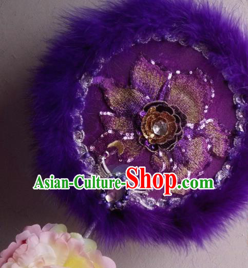 Traditional Chinese Classical Purple Feather Palace Fans Hanfu Bride Round Fan for Women