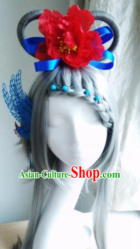 Traditional Chinese Cosplay Swordsman Grey Wigs and Headwear for Women