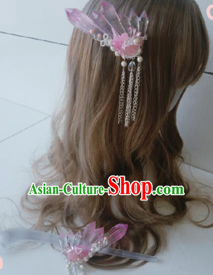 Traditional Chinese Cosplay Swordsman Pink Crystal Hairpins Ancient Hanfu Hair Accessories for Women