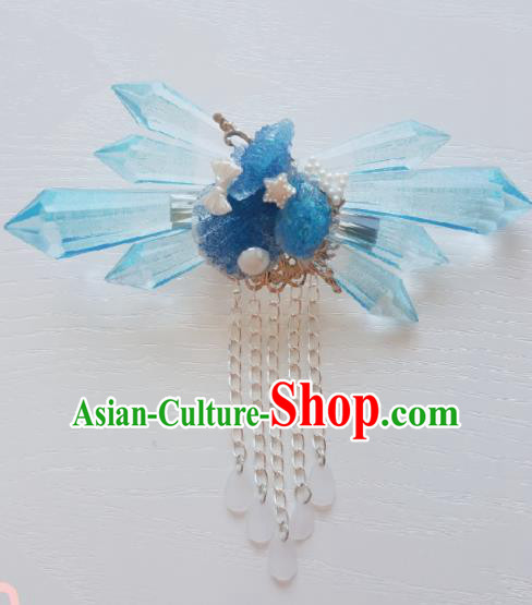 Traditional Chinese Cosplay Swordsman Blue Crystal Hair Claw Hairpins Ancient Hanfu Hair Accessories for Women