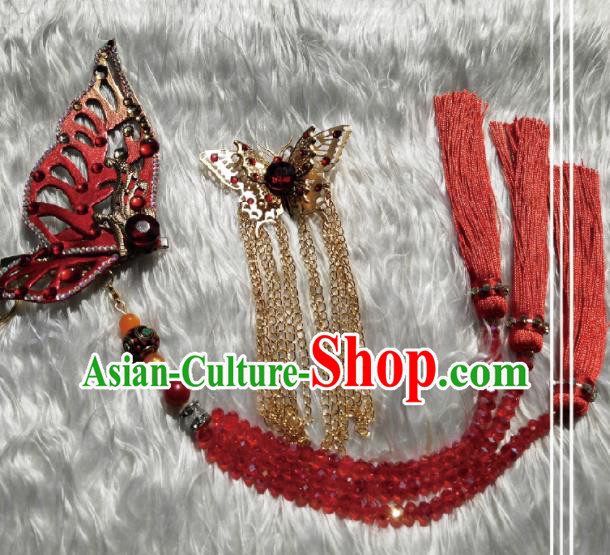Traditional Chinese Cosplay Female Swordsman Red Butterfly Hair Claw Hairpins Ancient Princess Hanfu Hair Accessories for Women