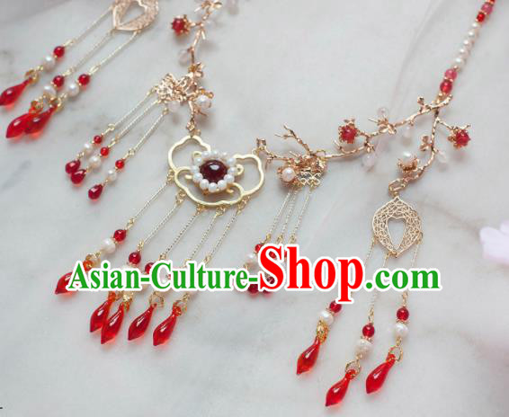 Traditional Chinese Hanfu Red Crystal Tassel Necklace Ancient Princess Jewelry Accessories for Women