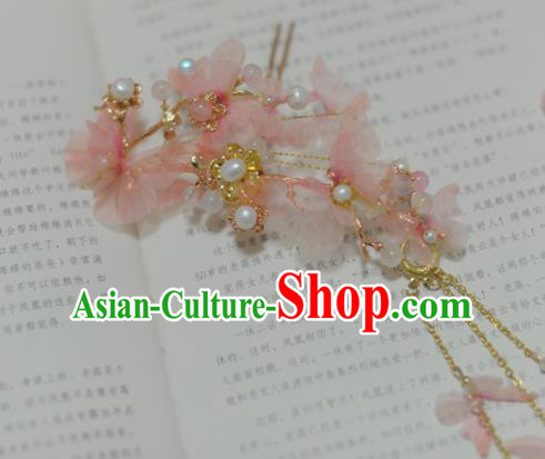 Traditional Chinese Classical Pink Silk Butterfly Hairpins Ancient Princess Hanfu Hair Accessories for Women