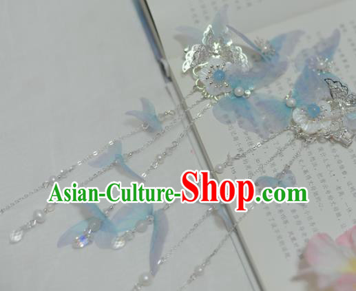 Traditional Chinese Classical Blue Silk Butterfly Hair Claws Hairpins Ancient Princess Hanfu Hair Accessories for Women