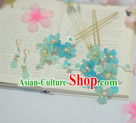 Traditional Chinese Classical Blue Plum Blossom Hairpins Ancient Princess Hanfu Hair Accessories for Women