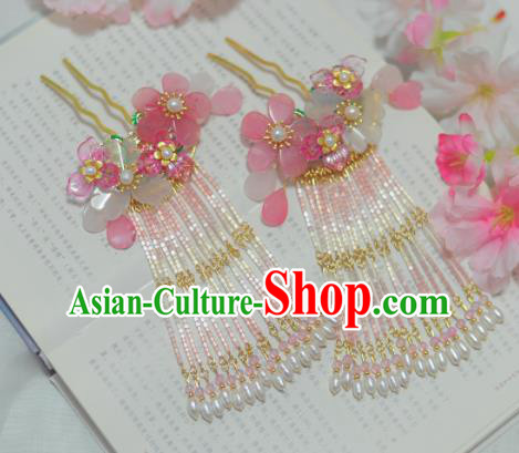 Traditional Chinese Classical Pink Plum Tassel Hairpins Ancient Princess Hanfu Hair Accessories for Women