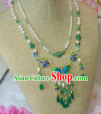 Traditional Chinese Hanfu Cloisonne Butterfly Necklace Ancient Princess Tassel Necklet Accessories for Women