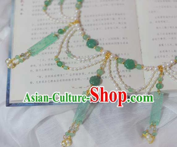 Traditional Chinese Hanfu Green Jade Pearls Necklace Ancient Princess Tassel Necklet Accessories for Women