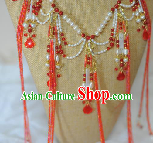 Traditional Chinese Hanfu Pearls Necklace Ancient Princess Red Tassel Necklet Accessories for Women