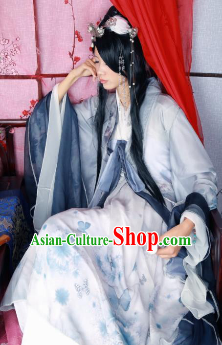 Traditional Chinese Cosplay Female Knight Swordsman Grey Dress Ancient Princess Costume for Women