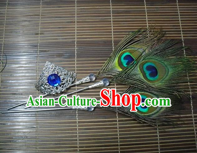 Traditional Chinese Cosplay Princess Peacock Feather Hairpins Ancient Swordsman Hair Accessories for Women