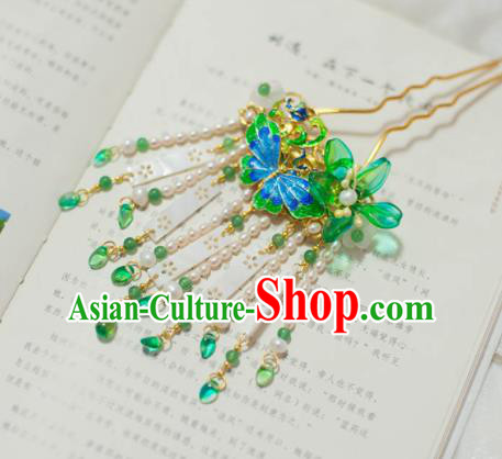Traditional Chinese Classical Green Flowers Tassel Hairpins Ancient Princess Hanfu Hair Accessories for Women