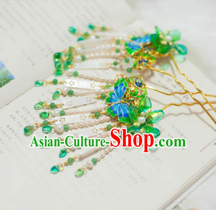 Traditional Chinese Classical Green Flowers Tassel Hairpins Ancient Princess Hanfu Hair Accessories for Women