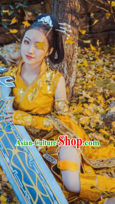 Chinese Cosplay Tang Dynasty Female Swordsman Golden Embroidered Dress Ancient Princess Peri Costume for Women