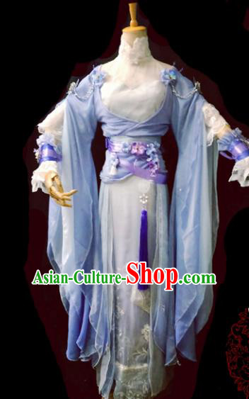 Chinese Cosplay Heroine Female Swordsman Blue Dress Ancient Princess Peri Costume for Women