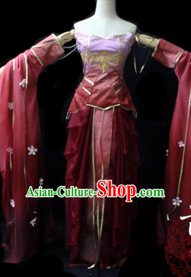 Chinese Cosplay Fairy Princess Wine Red Dress Ancient Female Swordsman Knight Costume for Women