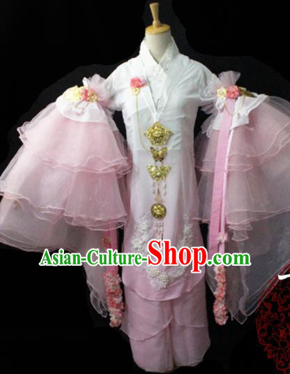 Chinese Cosplay Fairy Princess Pink Chiffon Dress Ancient Female Swordsman Knight Costume for Women
