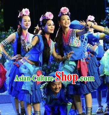 Chinese Drama Dragon Boat Festival Folk Dance Blue Dress Stage Performance Costume and Headpiece for Women