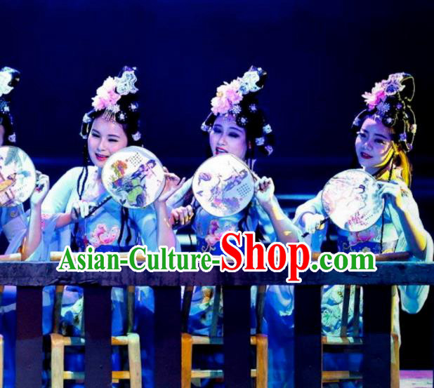 Chinese Drama Dragon Boat Festival Classical Dance Blue Dress Stage Performance Costume and Headpiece for Women