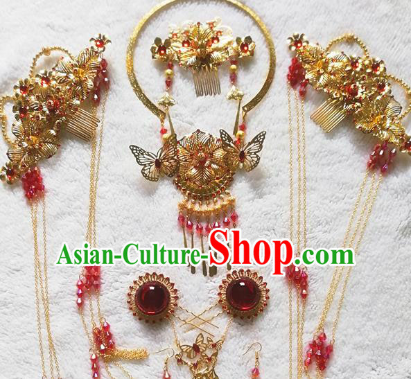 Traditional Chinese Classical Golden Phoenix Coronet Hairpins Ancient Princess Hanfu Hair Accessories for Women