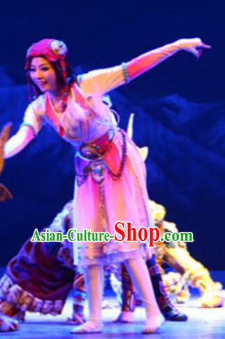 Chinese Tamrac Heaven Zang Nationality Folk Dance Pink Dress Stage Performance Costume and Headpiece for Women