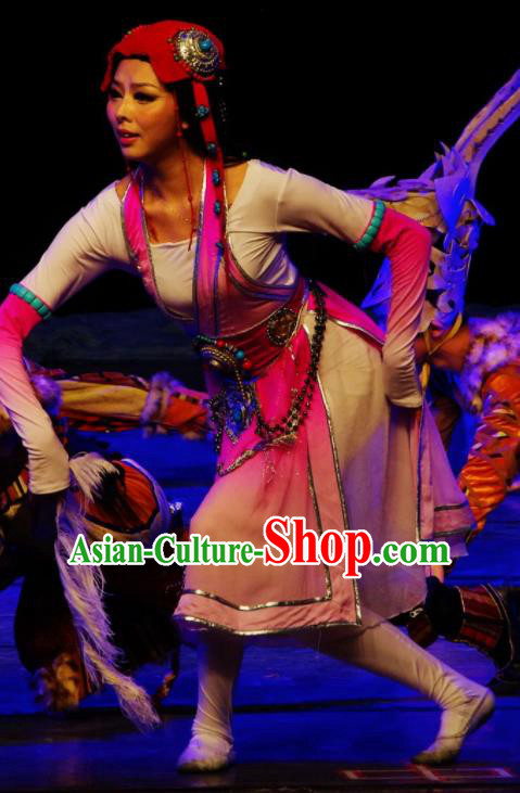 Chinese Tamrac Heaven Zang Nationality Folk Dance Pink Dress Stage Performance Costume and Headpiece for Women