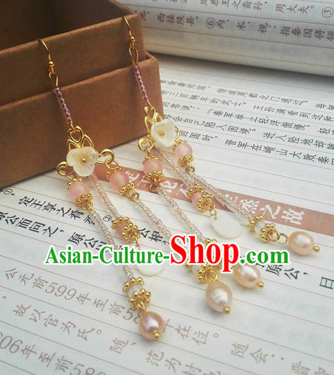 Traditional Chinese Hanfu Pink Beads Tassel Earrings Classical Ear Accessories for Women