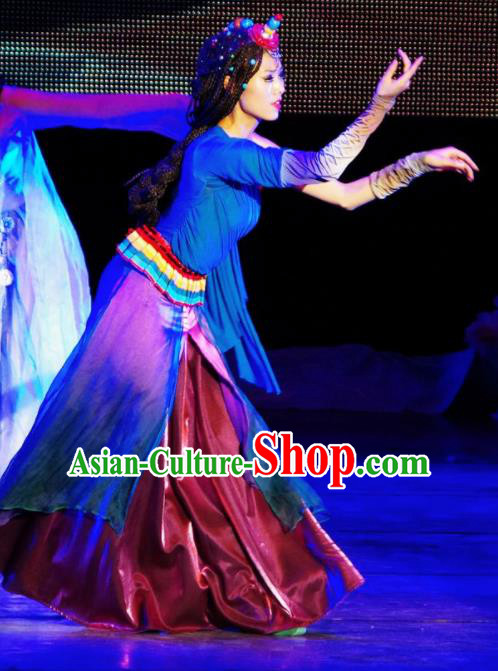 Chinese Tamrac Heaven Zang Nationality Folk Dance Dress Stage Performance Costume and Headpiece for Women