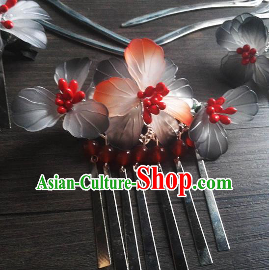 Traditional Chinese Classical Grey Flowers Hair Comb Tassel Hairpins Ancient Princess Hanfu Hair Accessories for Women