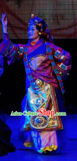 Chinese Tamrac Heaven Zang Nationality Female Dance Dress Stage Performance Costume and Headpiece for Women