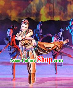 Chinese Tamrac Heaven Classical Dance Brown Dress Stage Performance Costume and Headpiece for Women