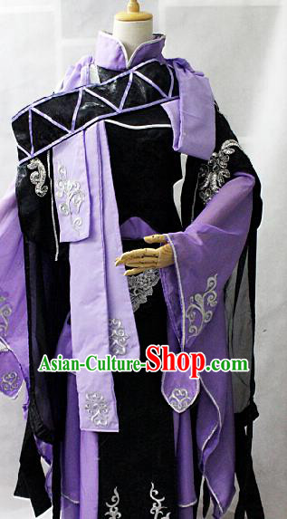 Chinese Cosplay Goddess Fairy Purple Dress Ancient Female Swordsman Knight Costume for Women