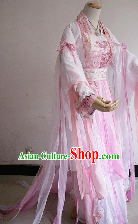 Chinese Cosplay Goddess Princess Light Pink Dress Ancient Female Swordsman Knight Costume for Women