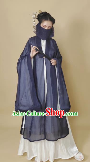 Chinese Ming Dynasty Navy Chiffon Dress Ancient Female Swordsman Knight Costume for Women