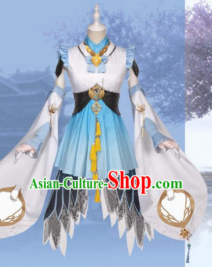 Traditional Chinese Cosplay Swordswoman Blue Short Dress Ancient Princess Heroine Costume for Women