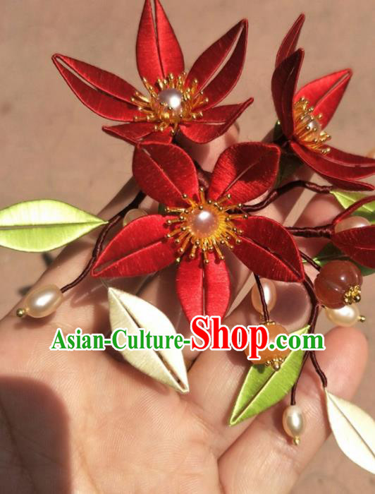 Traditional Chinese Hanfu Palace Red Flowers Hairpins Ancient Princess Hair Accessories for Women