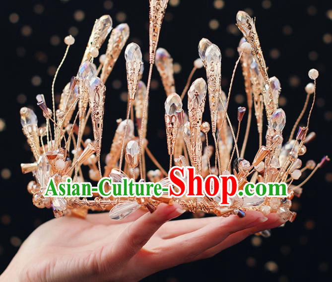 Top Grade Bride Beads Golden Round Royal Crown Handmade Wedding Hair Accessories for Women