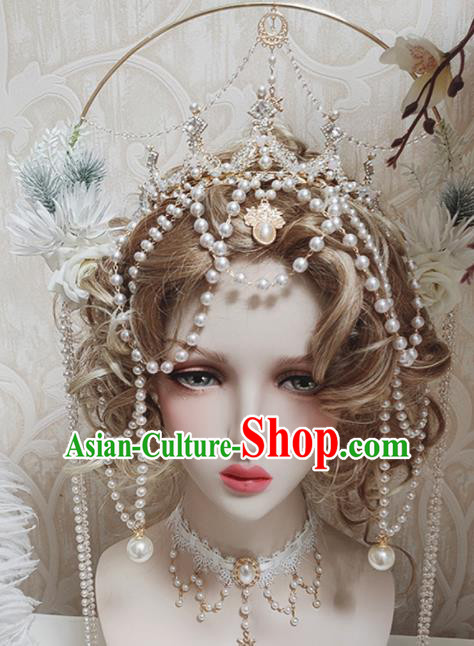 Top Grade Baroque Princess Beads Tassel Royal Crown Handmade Hair Accessories for Women