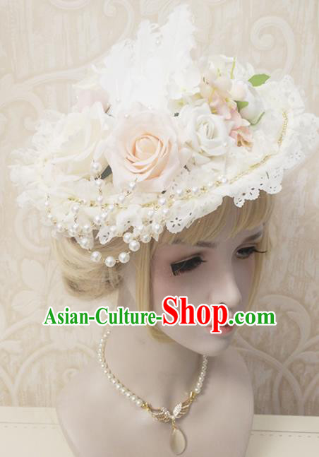 Top Grade Baroque Bride Roses Lace Top Hat Handmade Wedding Hair Accessories for Women